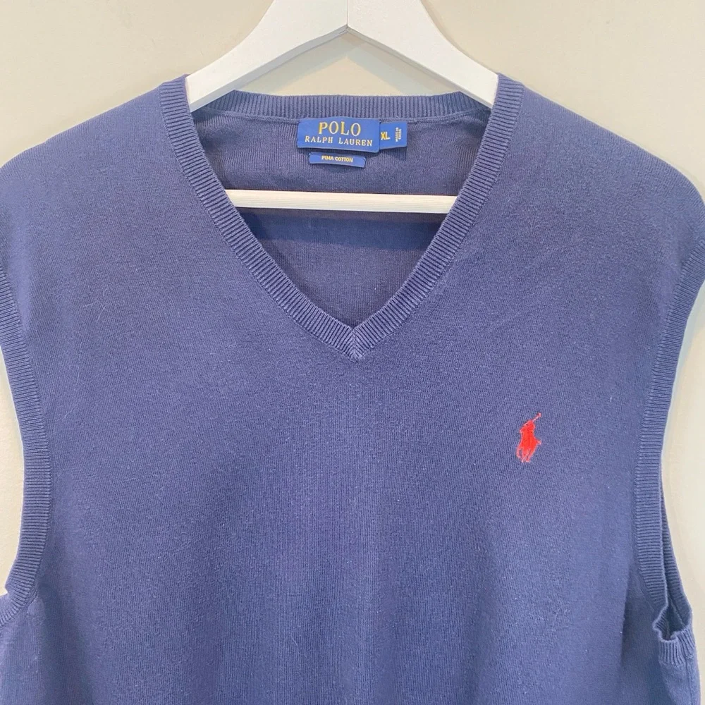 Polo Ralph Lauren Sweater Vest Men's Navy Blue Pima Cotton V-Neck Pullover sz XL